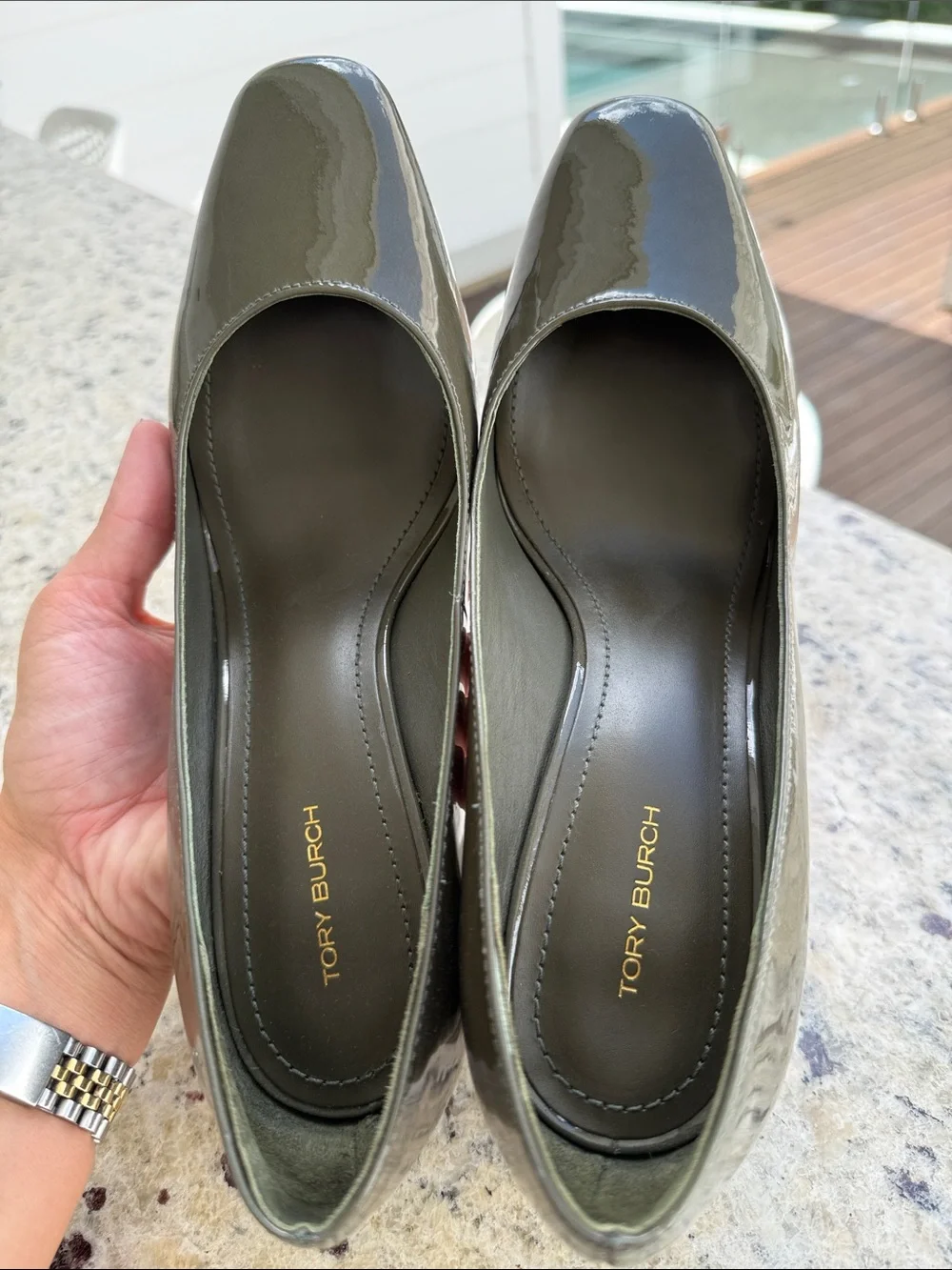Tory Burch Olive Patent Block Heel Pumps